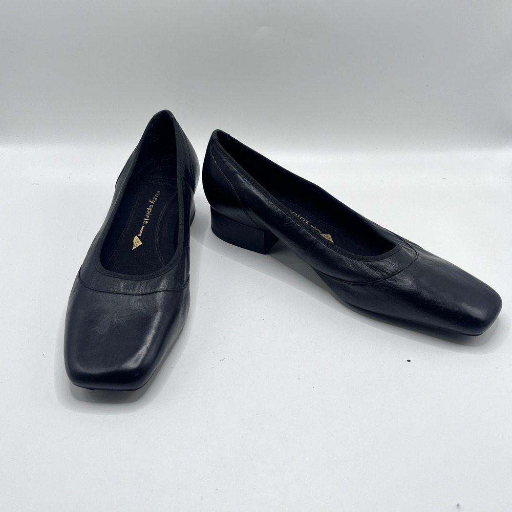 Easy Spirit Driven Black Leather Square Toe Low Block Heel Pumps Womens 9 M